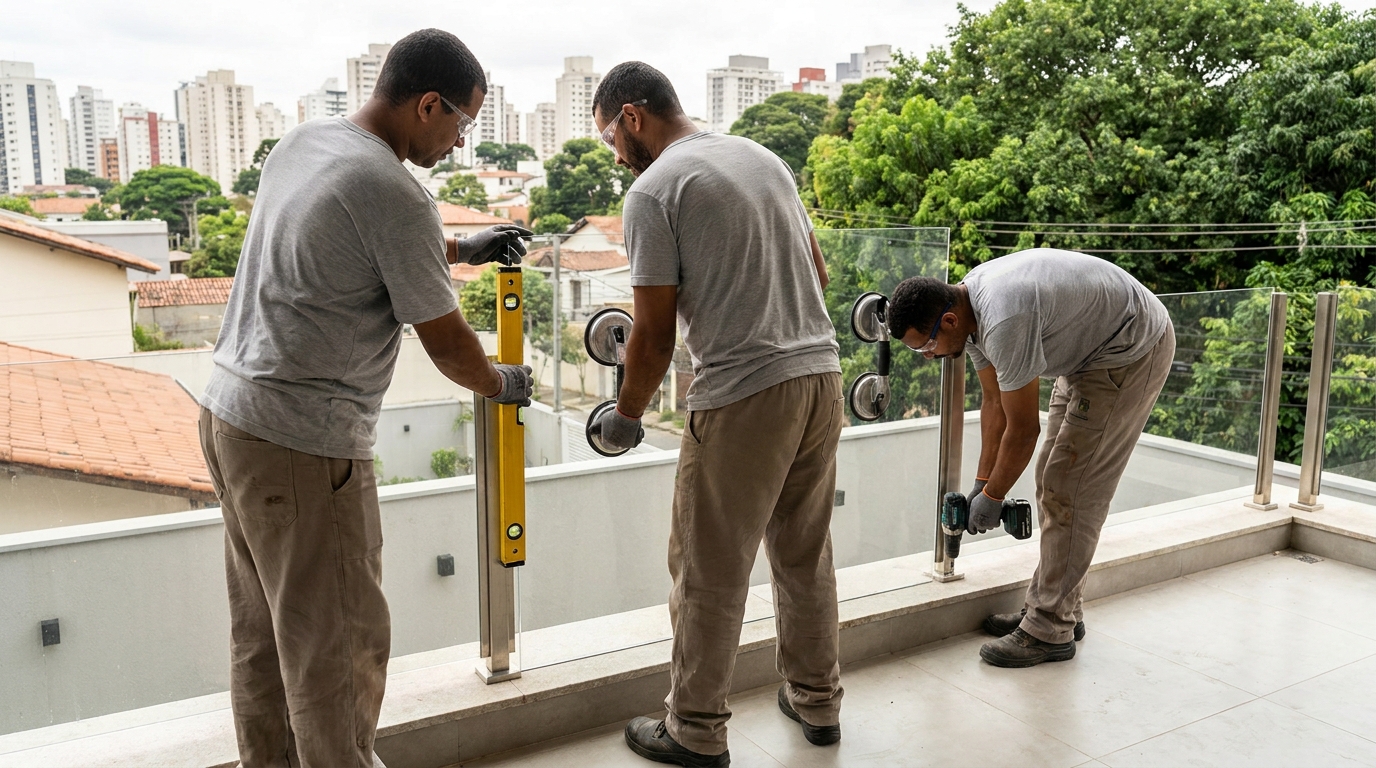Guarda-corpo em terraço alto com vista cidade em Serra-ES
