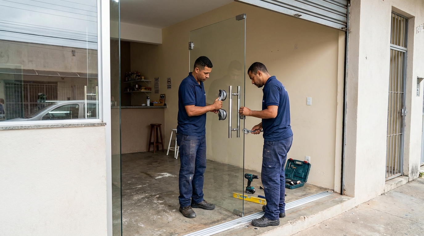 Dupla instalando porta de vidro em loja em Serra-ES